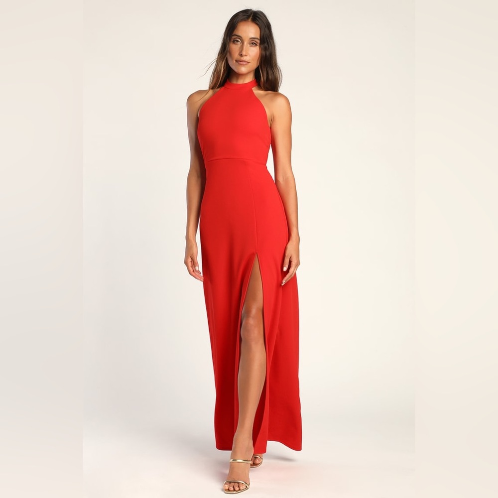 Lulu’s Glamorous Go-Getter Red Halter Cutout Mermaid Maxi Dress - Size Large